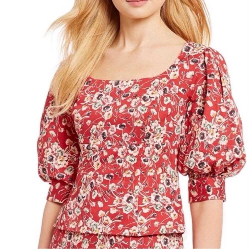 ANTONIO MELANI Red Floral Puff Sleeve Cropped Peplum Blouse Size 0